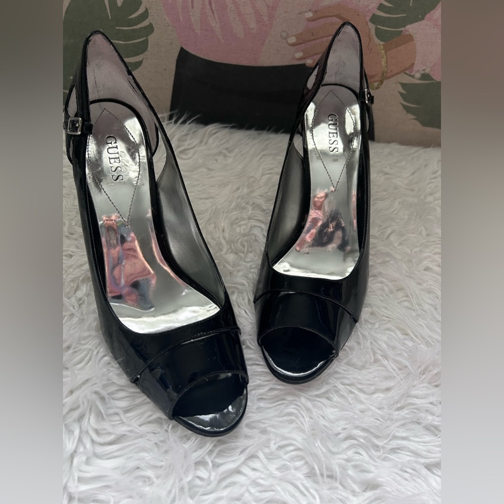 Guess patent peep toe cut out heels black size 8